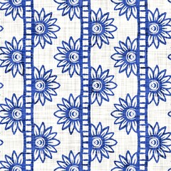 Azure blue block print flower texture background. Seamless white linen coastal farmhouse textile effect. Distressed wet wash batidye ffect style pattern. Nautical beach decorative floral cloth swatch