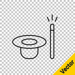 Black line Magic hat and wand icon isolated on transparent background. Magic trick. Mystery entertainment concept. Vector.