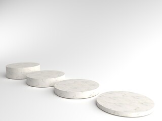 3D rendering of Round marble Pedestal, Podium for display product on the white floor. Pedestal can be used for commercial advertising, Isolated on white background, Product Presentation, illustration.