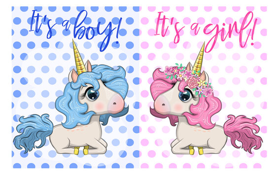 Baby Shower Greeting Card with cute Cartoon Unicorn girl and boy