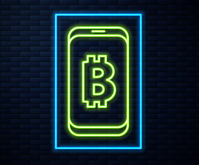 Glowing neon line Mining bitcoin from mobile icon isolated on brick wall background. Cryptocurrency mining, blockchain technology service. Vector.