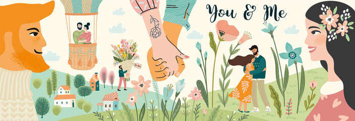 Romantic illustrations with men and women. Love, love story, relationship. Vector design banner Valentines Day and other.