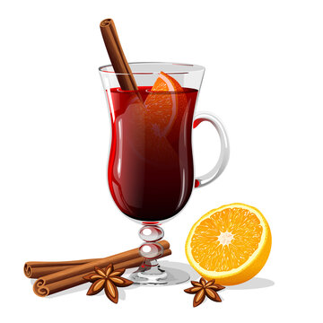 Сhristmas hot mulled wine with orange,cinnamon and anise. Vector illustration.