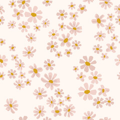 Scattered daisy floral pattern in cream and pink. Ditsy seamless vector background. Small flowers  print for textile, home decor, wallpaper, gift wrap. - 397015522