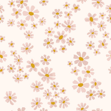 Scattered daisy floral pattern in cream and pink. Ditsy seamless vector background. Small flowers  print for textile, home decor, wallpaper, gift wrap.