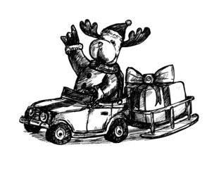 sketch of the christmas deer with gift box hand draw