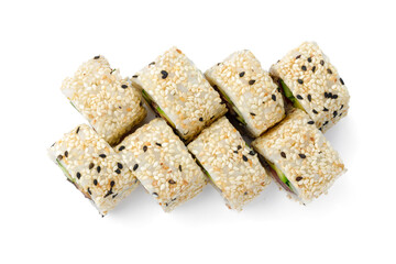 Top view of sushi roll with sesame isolated on white
