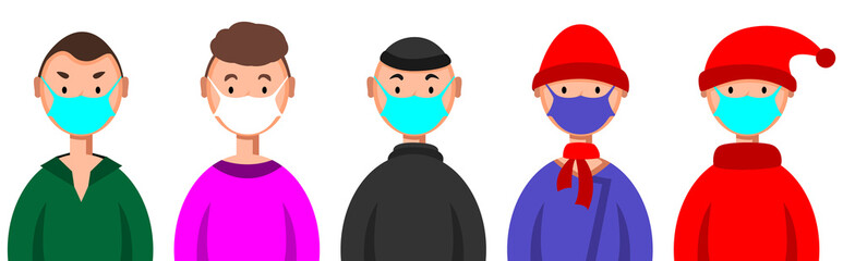 Fototapeta premium Different men in masks. People in medical masks, virus protection.