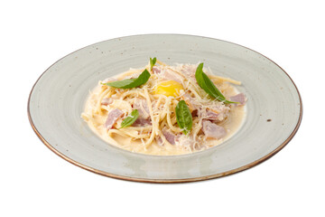 Pasta Carbonara with spaghetti isolated on white