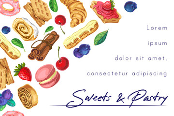 summer sweets, bakery, pastry background, banner with place for text and lettering. illustration of sweet desserts, pastries and berries isolated on white. great forconceptual trendy design