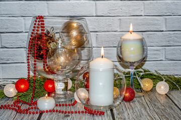 Christmas, new year, holiday, fun, joy, miracles, magic, still life, white, candles, wine glass, round, glass, vase, large, cognac, glass, pine, transparent, Christmas tree, balls, garland, beads