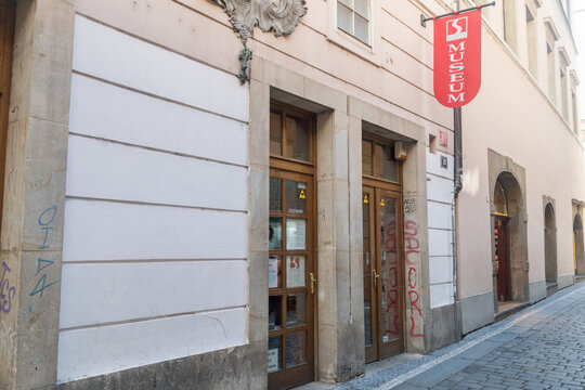 Prague, Czech Republic - July 10, 2020: Facade of Sex Machines museum.