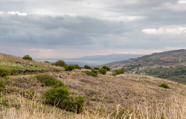 The Sea of Galilee - Kinneret,  visible in the distance in the Golan Heights in northern Israel