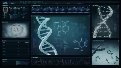 
Futuristic technological interface analyzing human DNA. Medical profile of patient showing, genome sequence, DNA visualization, cell mitosis, chromosome animation. Healthcare information. - Powered by Adobe