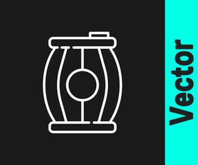White line Gun powder barrel icon isolated on black background. TNT dynamite wooden old barrel. Vector.
