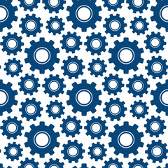 Blue different gears isolated on white background. Monochrome seamless pattern. Vector flat graphic illustration. Texture.