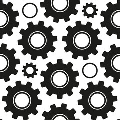 Black gears isolated on white background. Monochrome seamless pattern. Vector flat graphic illustration. Texture.
