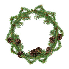 Fototapeta na wymiar Christmas fir wreath decorated with pine cones on white background