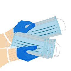 A volunteers hand out free face masks amid the coronavirus (covid-19) pandemic. Vector illustration.