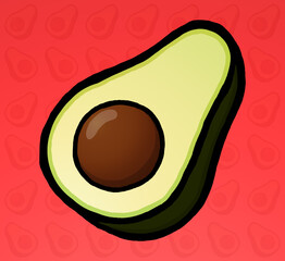 Avocado cartoon style. Red background 