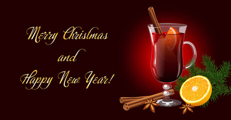 Сhristmas hot mulled wine with orange,cinnamon and anise. Vector illustration.