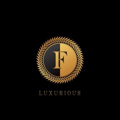 Golden F letter Logo Luxurious Nature Leaves, elegance vector design concept circle floral leaves with negative space letter logo.