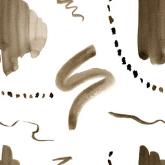Watercolor abstract hand drawn seamless pattern with sepia and umbra textured shapes, lines and dots.