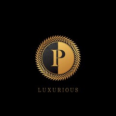 Golden P letter Logo Luxurious Nature Leaves, elegance vector design concept circle floral leaves with negative space letter logo.