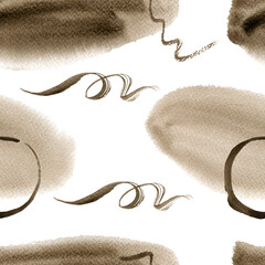 Watercolor abstract hand drawn seamless pattern with sepia and umbra textured shapes, lines and circles.