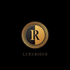 Golden R letter Logo Luxurious Nature Leaves, elegance vector design concept circle floral leaves with negative space letter logo.