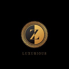 Golden Z letter Logo Luxurious Nature Leaves, elegance vector design concept circle floral leaves with negative space letter logo.