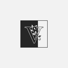Square Outline Nature Classy Letter V logo icon. Monogram design concept square shape, floral leaves with letter logo icon.
