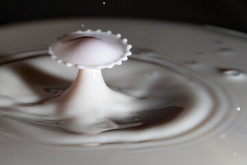 Milk in a bowl, with red tinged milk dropping to collide.