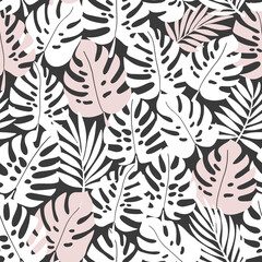 Tropical leaf monstera vector pattern. Floral ink design seamless pattern in black, white and pink. Hand drawn. © mgdrachal
