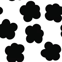 Foto auf Glas Simple black flowers on a white background. Round petals. Seamless vector pattern. For textiles, fabrics, fashion, children's goods, packaging. © Mooni Pooni 