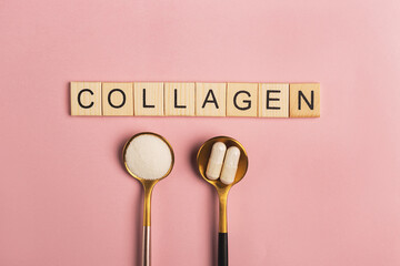 Collagen powder and pills on pink background. Extra protein intake. Natural beauty and health supplement for skin, bones, joints and gut. Plant or fish based. Flatlay, top view. Copy space.