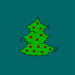 Christmas tree decorated with balls. Vector hand-drawn doodle illustration.