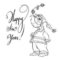HAPPY NEW YEAR! The inscription and Santa Claus frost. Graphic black drawing. Isolated vector image. On a white background. Blank for printing.