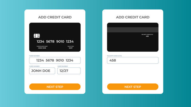 Add credit card web element UI\UX element, form, pop up. Save, add card, send money form with the credit card image.