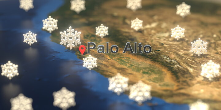 Snowy Weather Icons Near Palo Alto City On The Map, Weather Forecast Related 3D Rendering