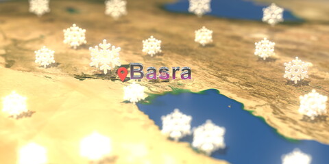 Snowy weather icons near Basra city on the map, weather forecast related 3D rendering