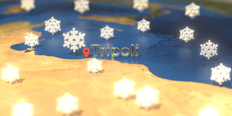 Tripoli city and snowy weather icon on the map, weather forecast related 3D rendering