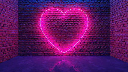 Glowing neon heart shaped like icon on brick wall in dark room