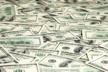 Dollar banknotes background. 100 USA dollar bills. Cash and savings. American money. Global financial crisis. Business, finance concept. Copy space.