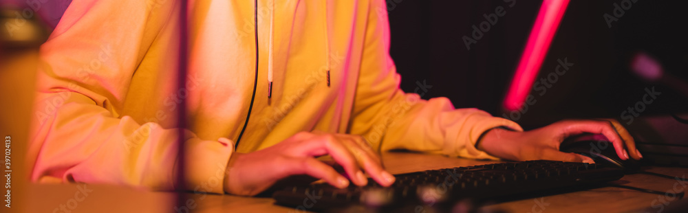 Poster Cropped view of gamer using computer keyboard and mouse on blurred foreground, banner