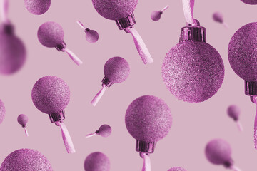 Artistic Christmas and New Year  card made of flying shining decorations. Levitating holiday background.