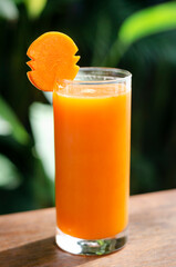 glass of fresh organic carrot juice on garden table outdoors