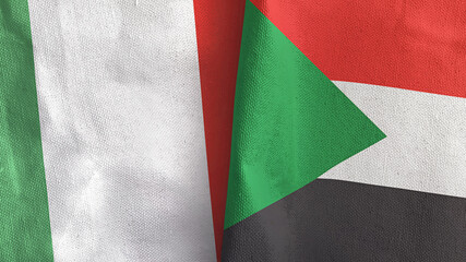 Sudan and Italy two flags textile cloth 3D rendering