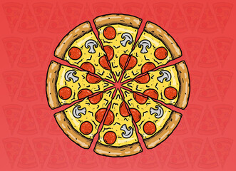 round cartoon sliced pizza illustration on white background. hand drawing cartoon style. served fast food. Italian pizza drawing