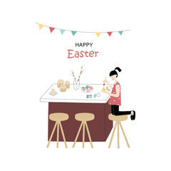 Happy Easter! Cute vector color flat illustration with little girl decorates eggs. Preparation for the holiday. For greeting card, poster, banner.